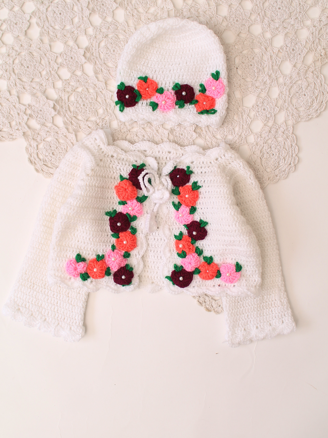 Woonie Handknitted Full Sleeves Frock with Matching Shrug and Cap - Wine