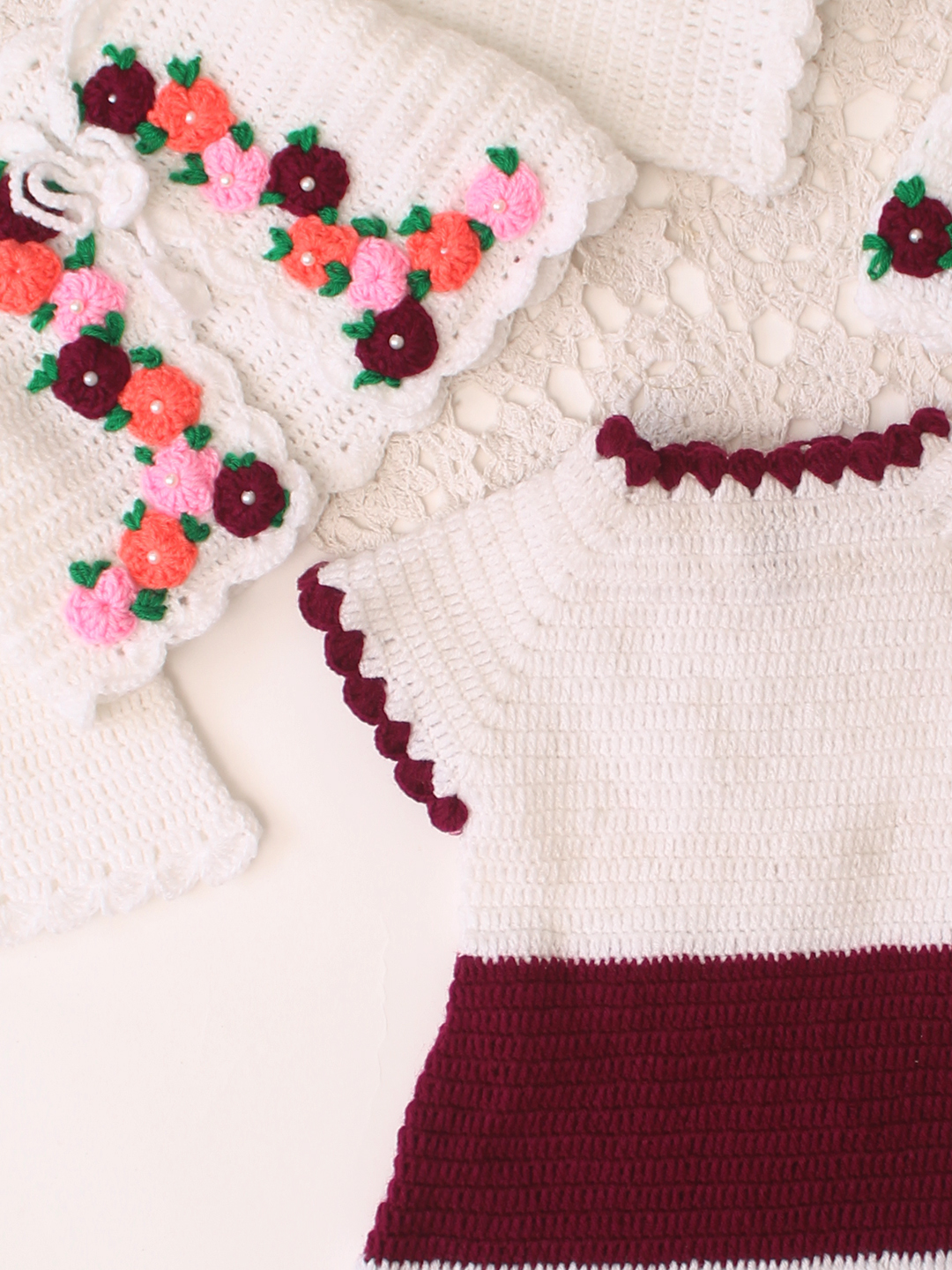 Woonie Handknitted Full Sleeves Frock with Matching Shrug and Cap - Wine