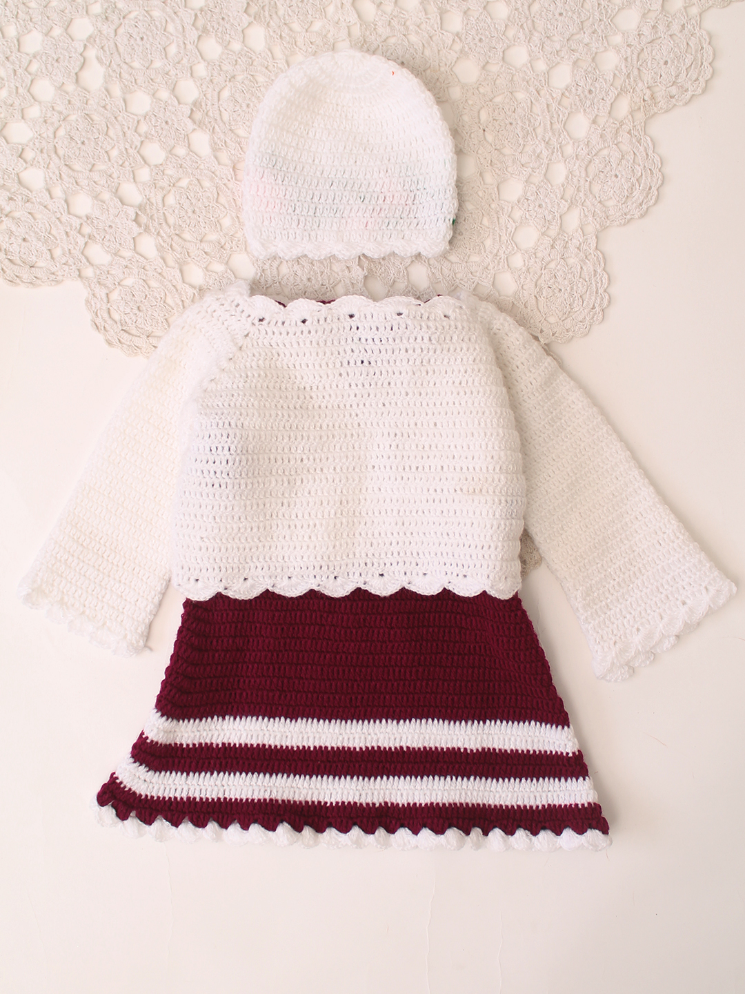 Woonie Handknitted Full Sleeves Frock with Matching Shrug and Cap - Wine