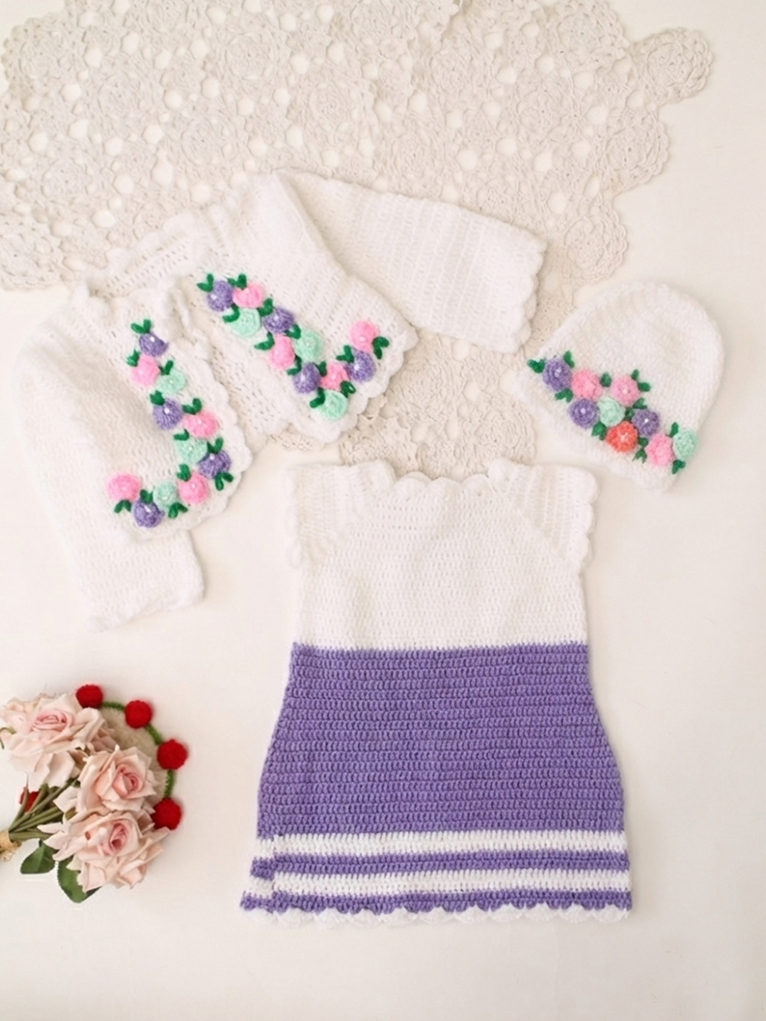 Woonie Handknitted Full Sleeves Frock with Matching Shrug and Cap - Purple