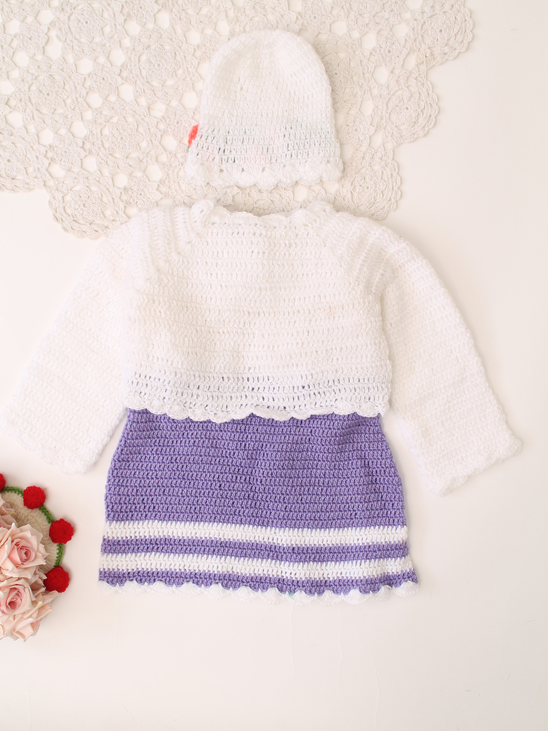 Woonie Handknitted Full Sleeves Frock with Matching Shrug and Cap - Purple