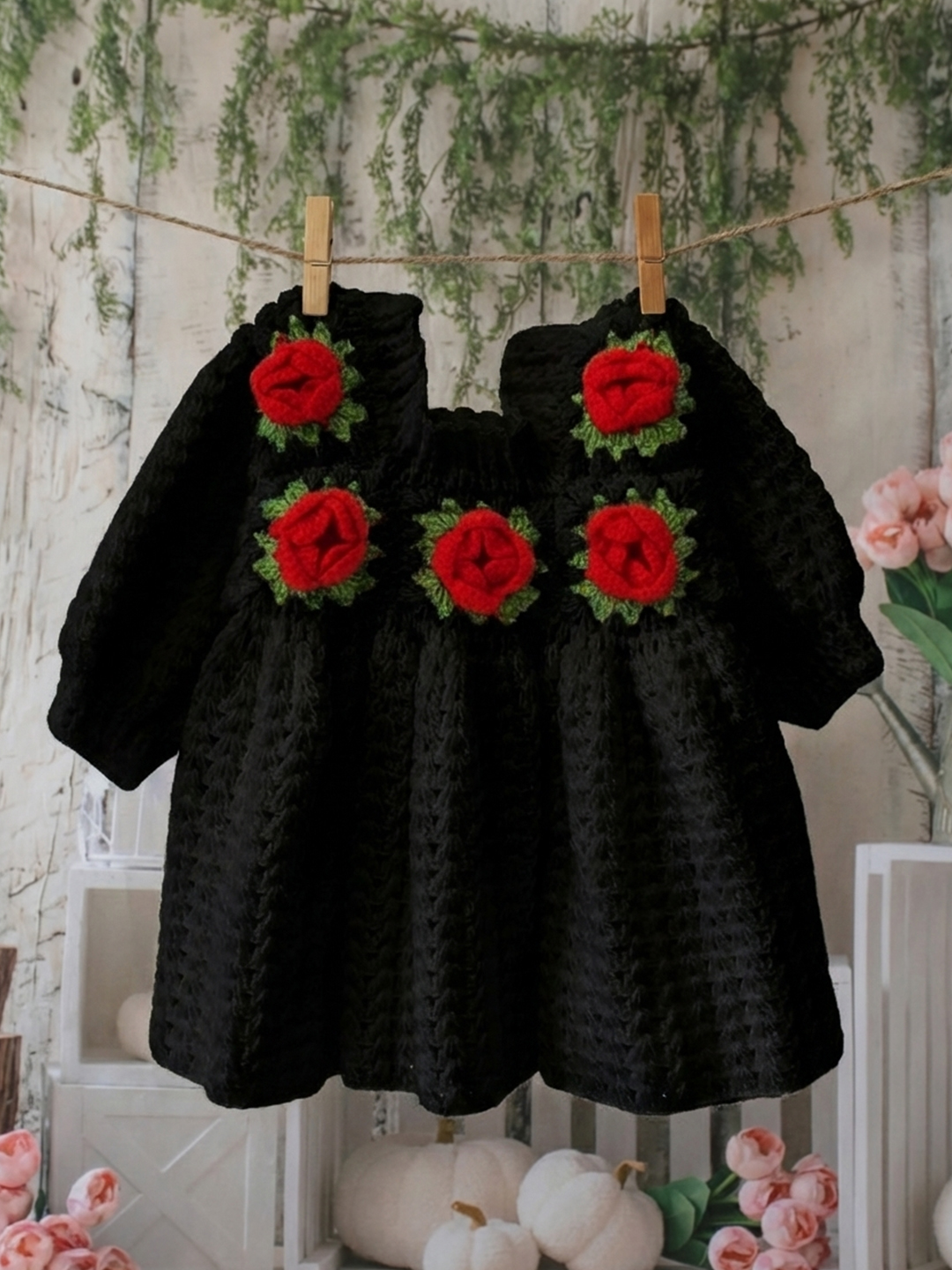 Woonie Handknitted Full Sleeves Rose Detailed Frock - Black