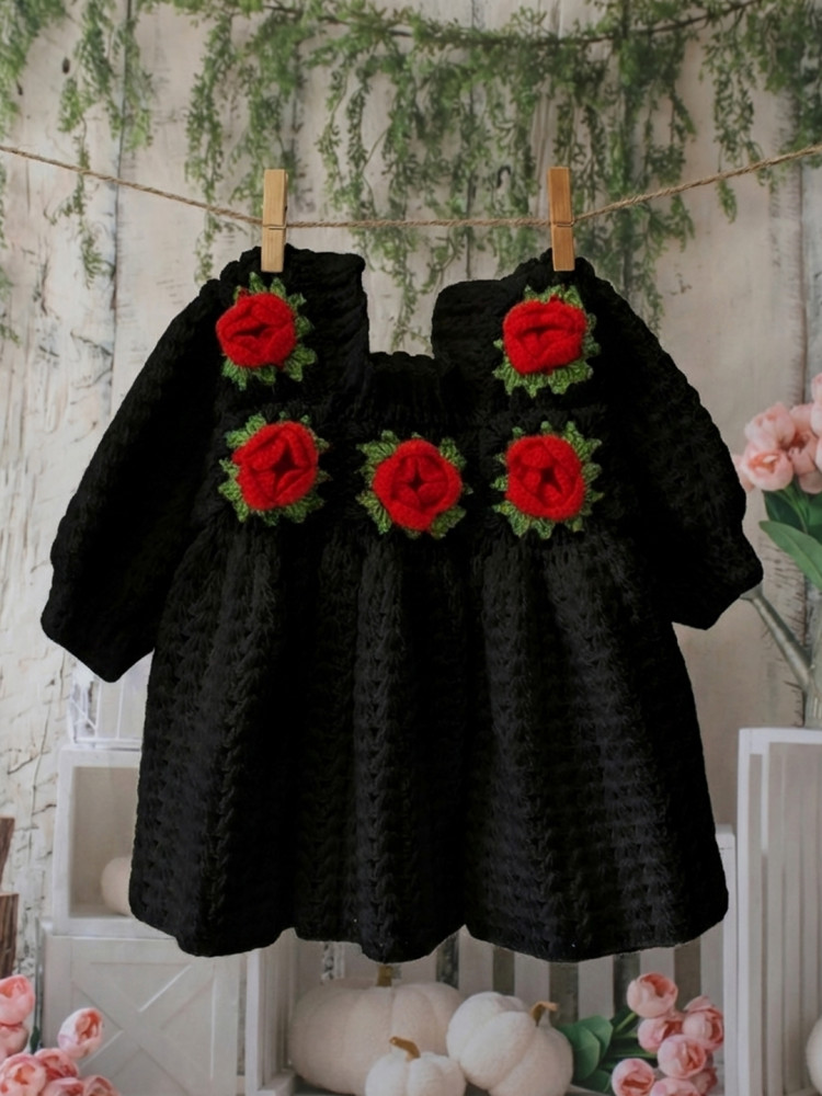 Image of Woonie Handknitted Full Sleeves Rose Detailed Frock - Black