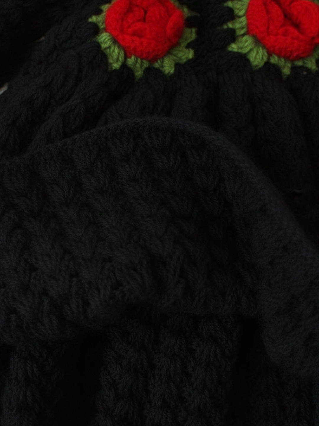 Woonie Handknitted Full Sleeves Rose Detailed Frock - Black