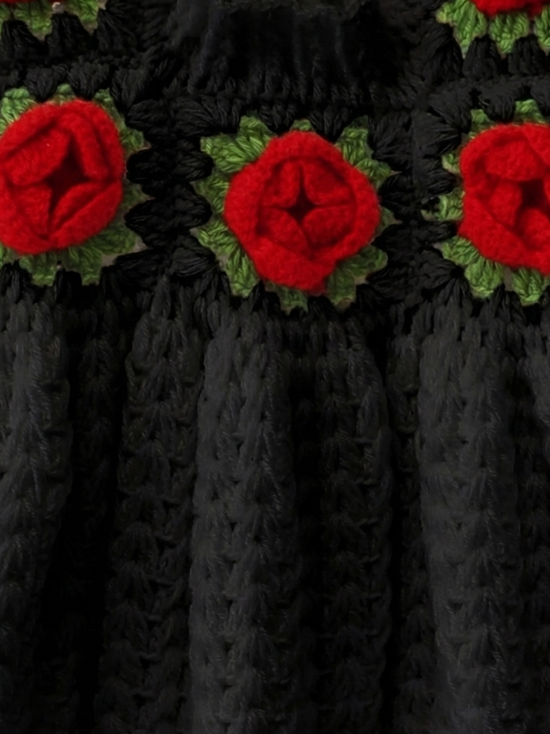 Woonie Handknitted Full Sleeves Rose Detailed Frock - Black