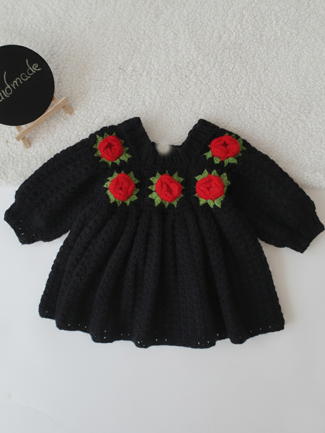 Woonie Handknitted Full Sleeves Rose Detailed Frock - Black
