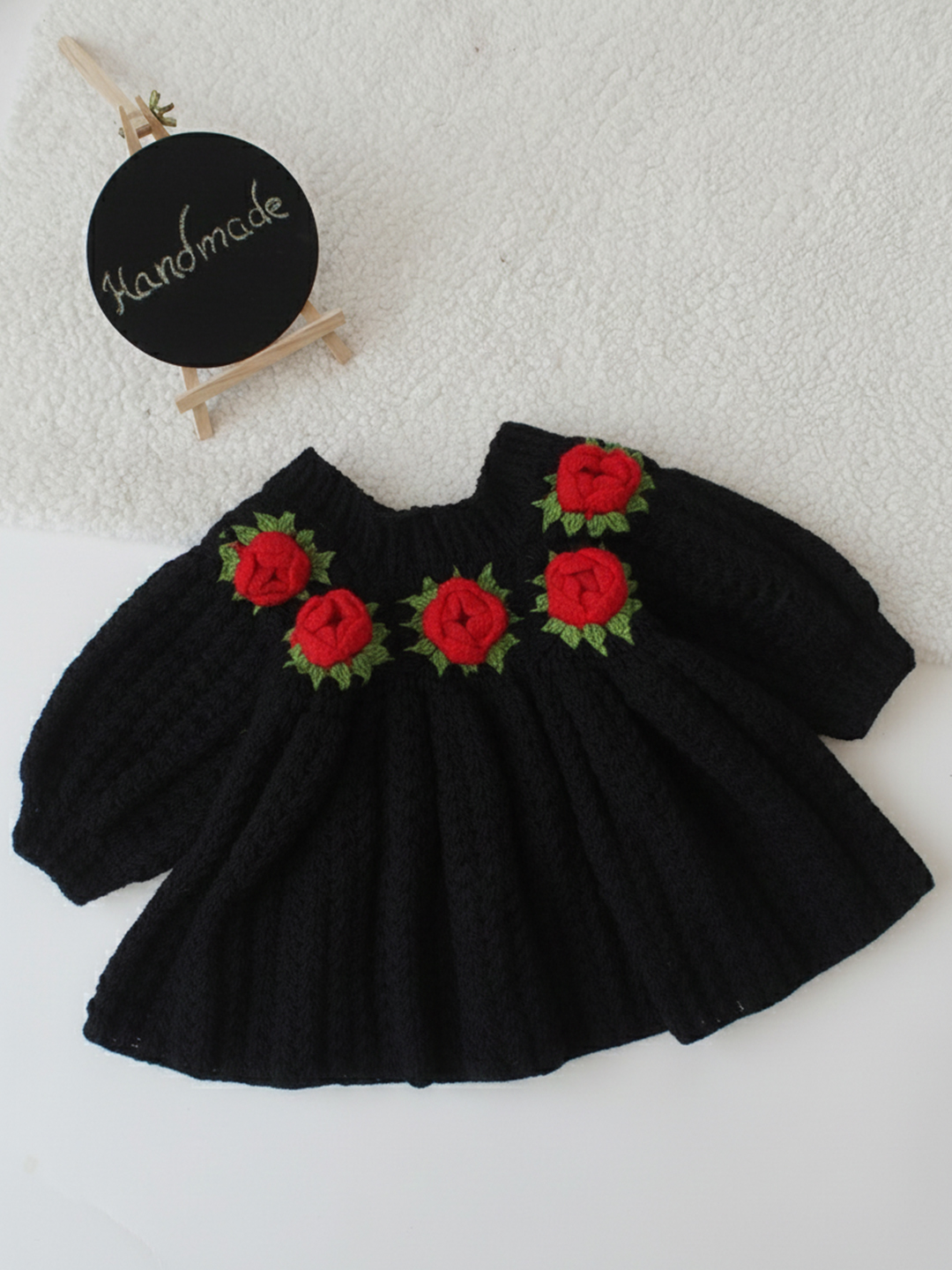 Woonie Handknitted Full Sleeves Rose Detailed Frock - Black