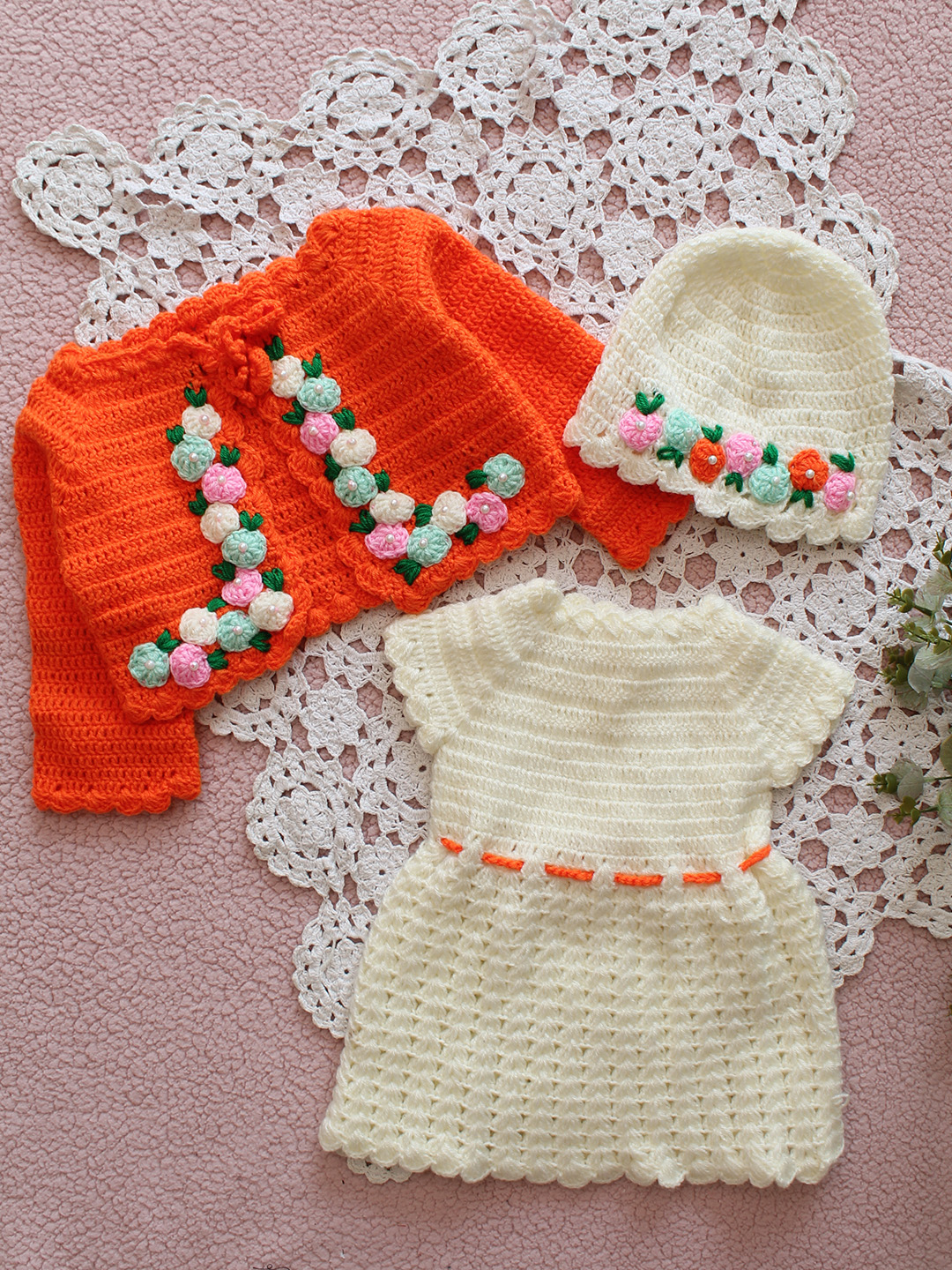 Premium Crochet Wool Baby Frock Handmade Winter Dress