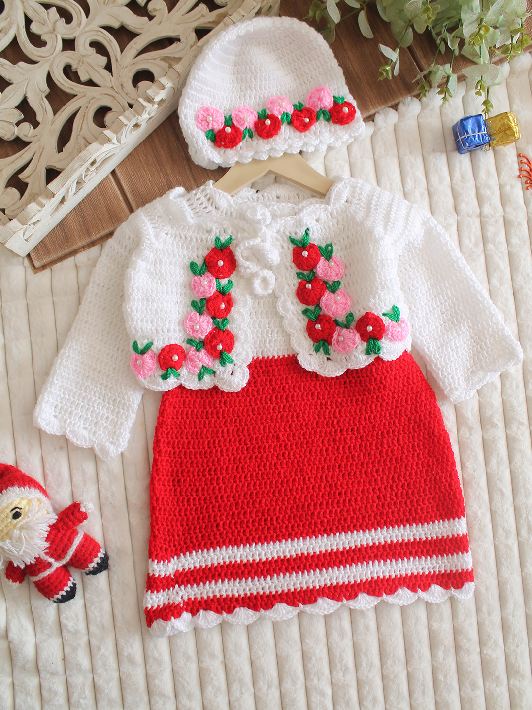 Woonie Crochet Frock with Matching Shrug and Cap - Red
