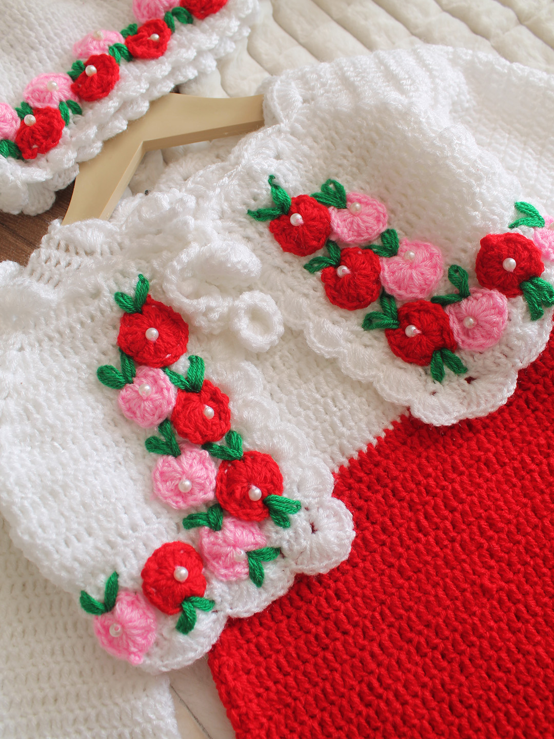 Woonie Crochet Frock with Matching Shrug and Cap - Red