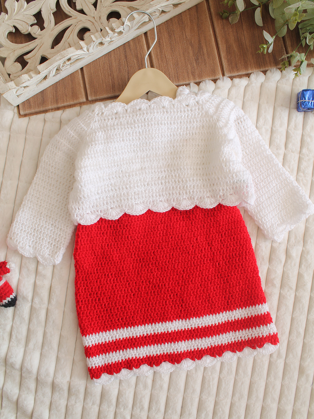 Woonie Crochet Frock with Matching Shrug and Cap - Red