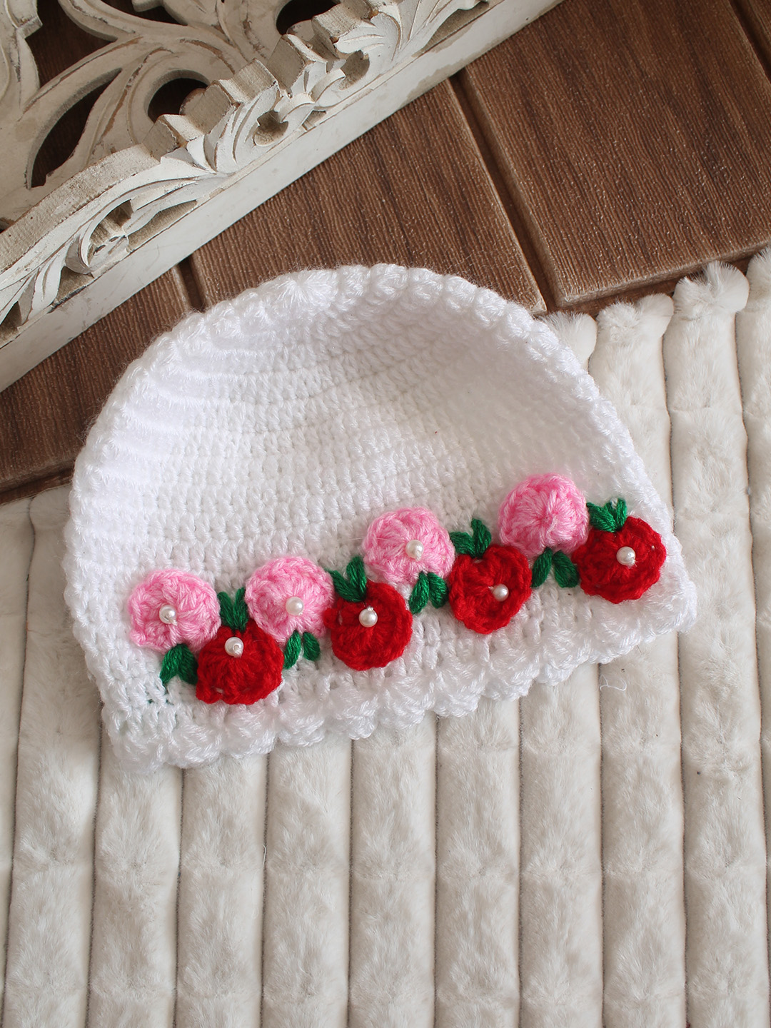 Woonie Crochet Frock with Matching Shrug and Cap - Red