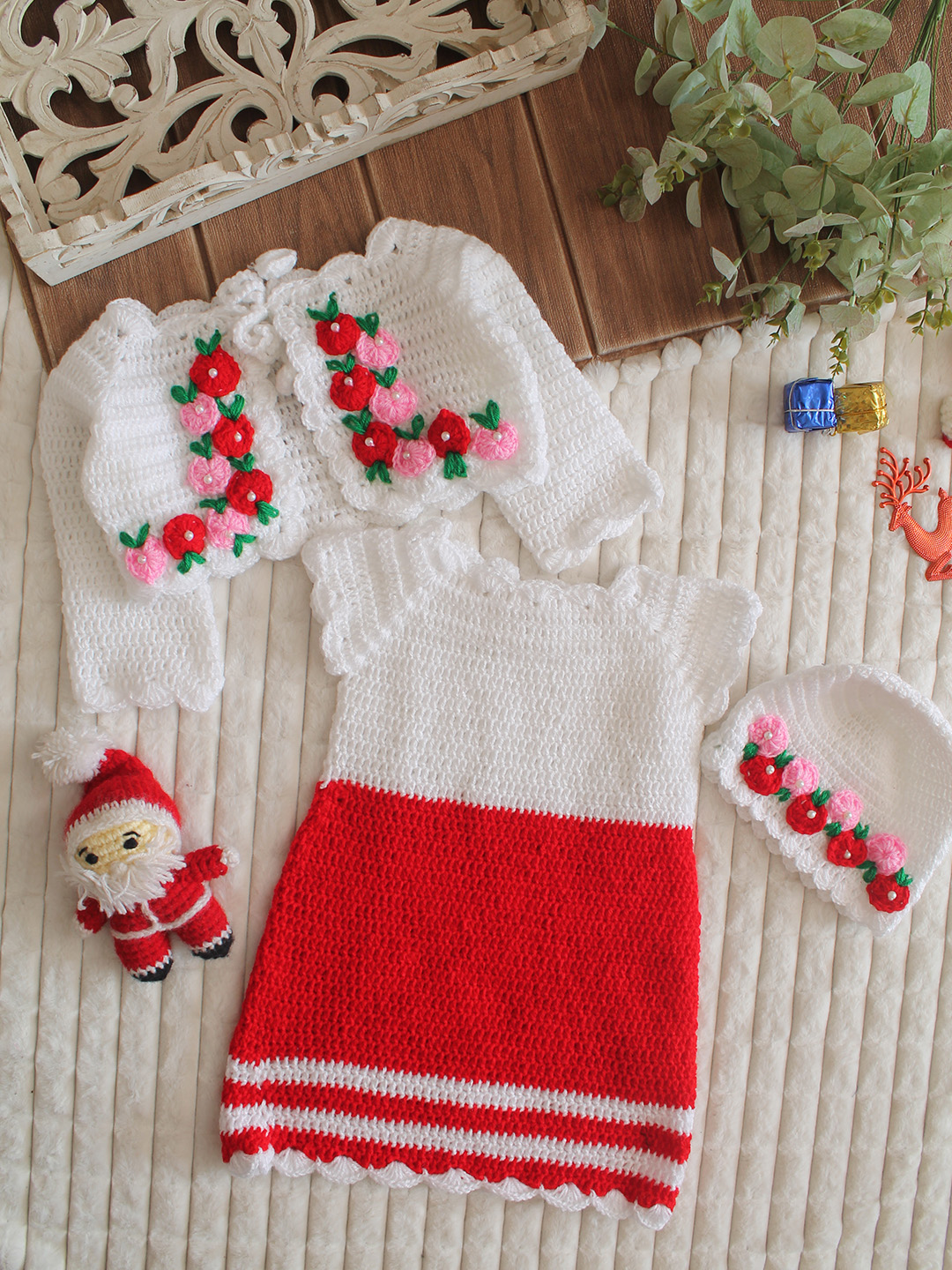 Woonie Crochet Frock with Matching Shrug and Cap - Red