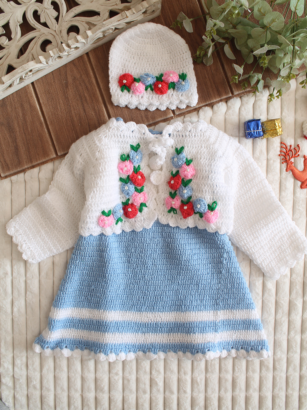 Woonie Crochet Frock with Matching Shrug and Cap - Sky Blue