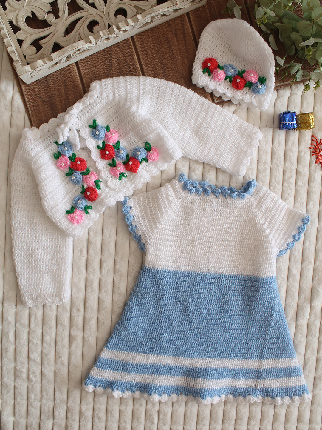 Woonie Crochet Frock with Matching Shrug and Cap - Sky Blue