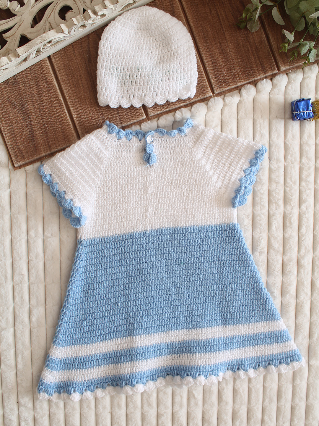 Woonie Crochet Frock with Matching Shrug and Cap - Sky Blue