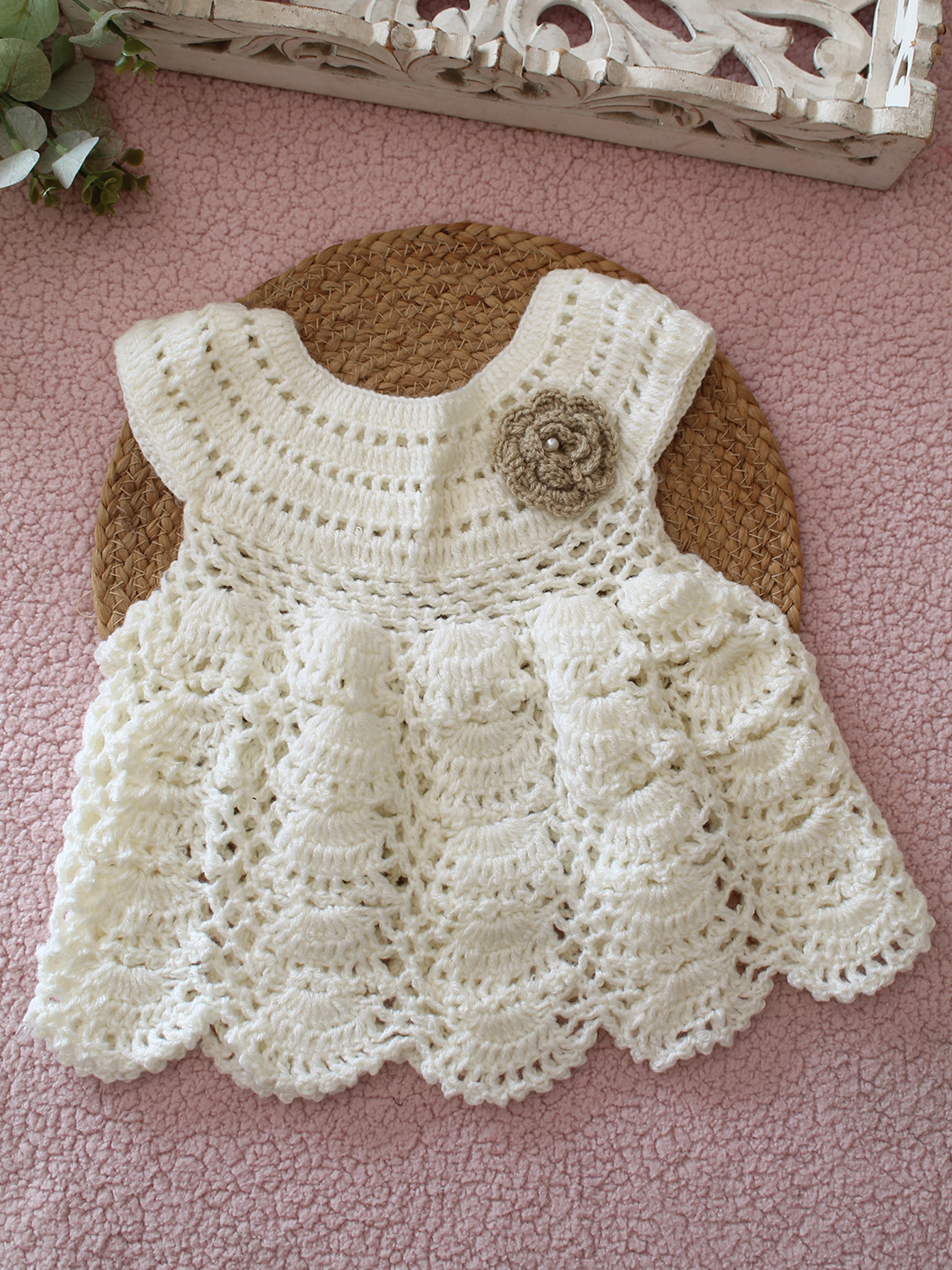 Woonie Crochet Floral Detailed Frock - Cream