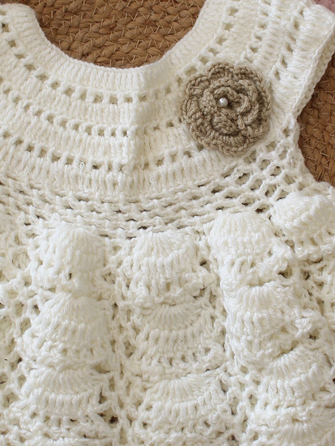 Woonie Crochet Floral Detailed Frock - Cream