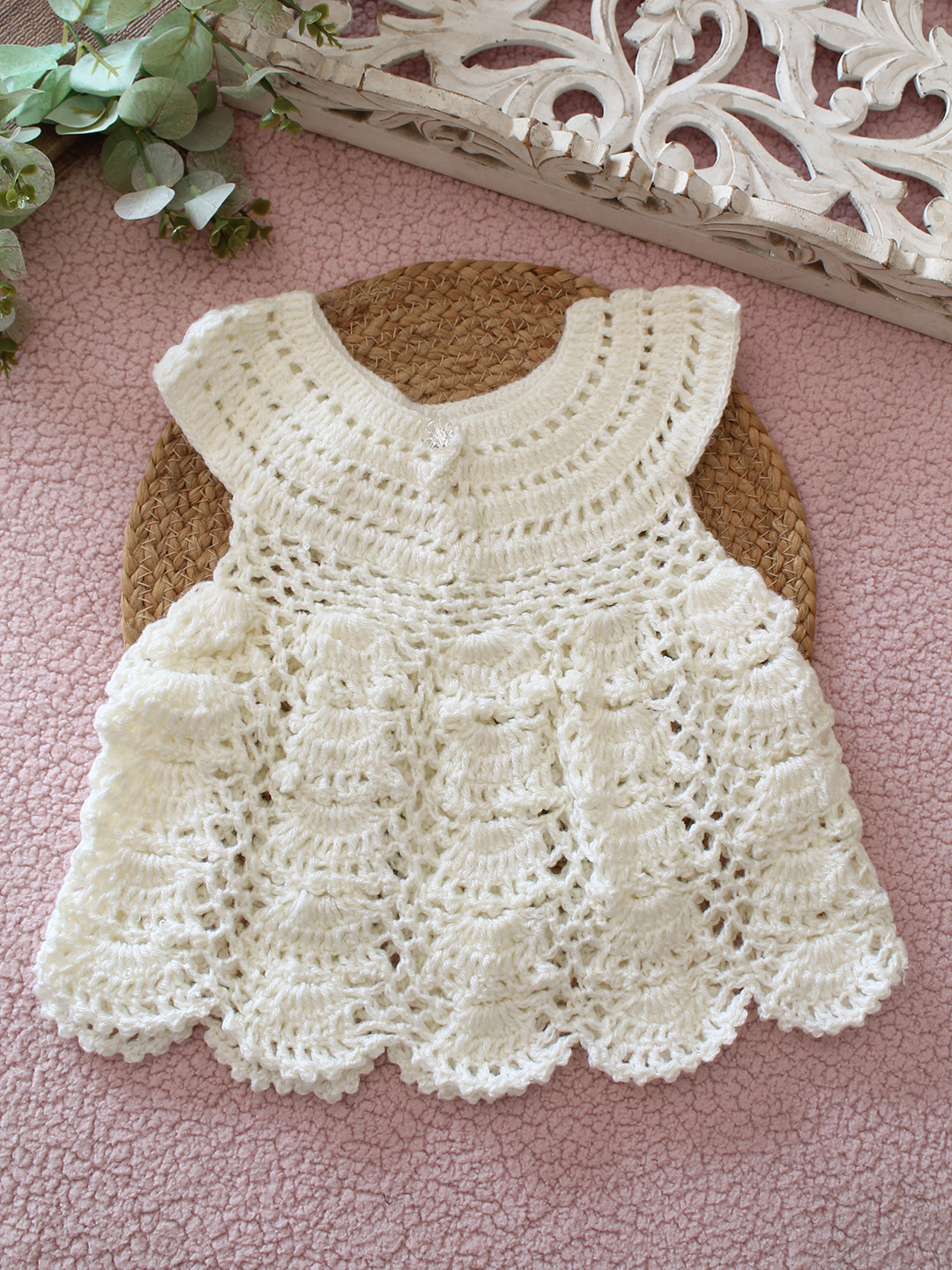 Woonie Crochet Floral Detailed Frock - Cream