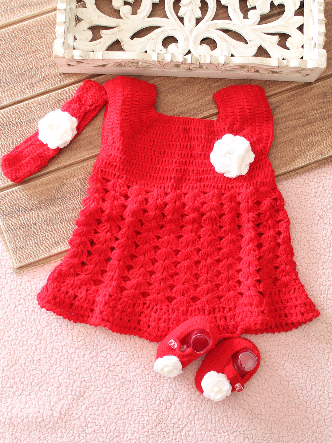 Woonie Crochet Frock with Headband & Booties - Red