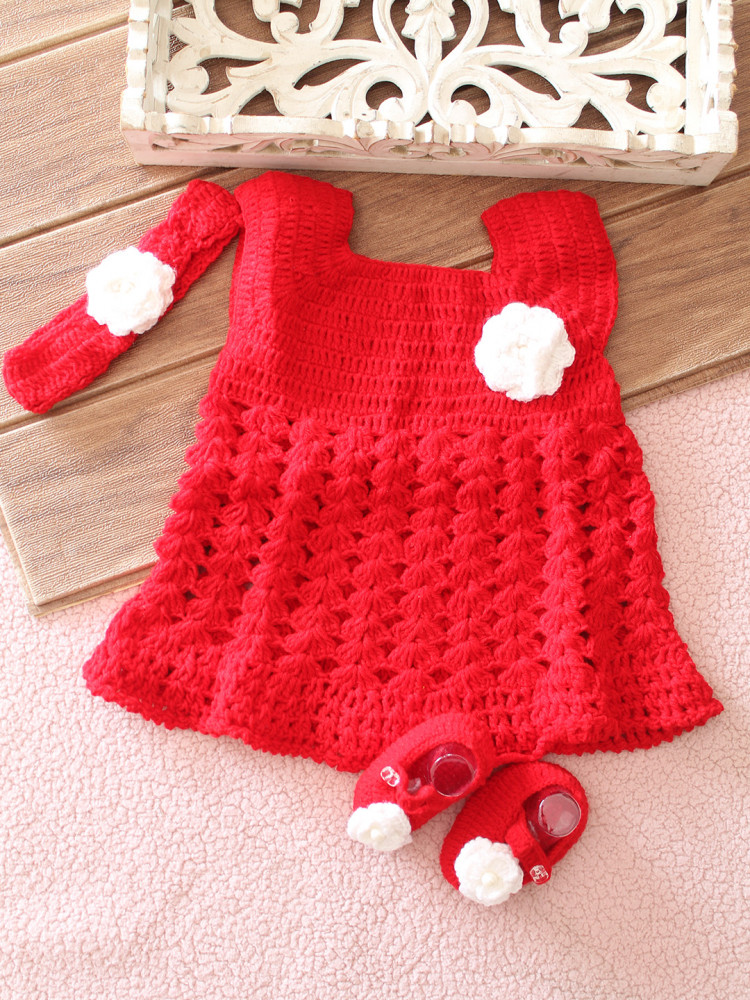 Image of Woonie Crochet Frock with Headband &amp; Booties - Red