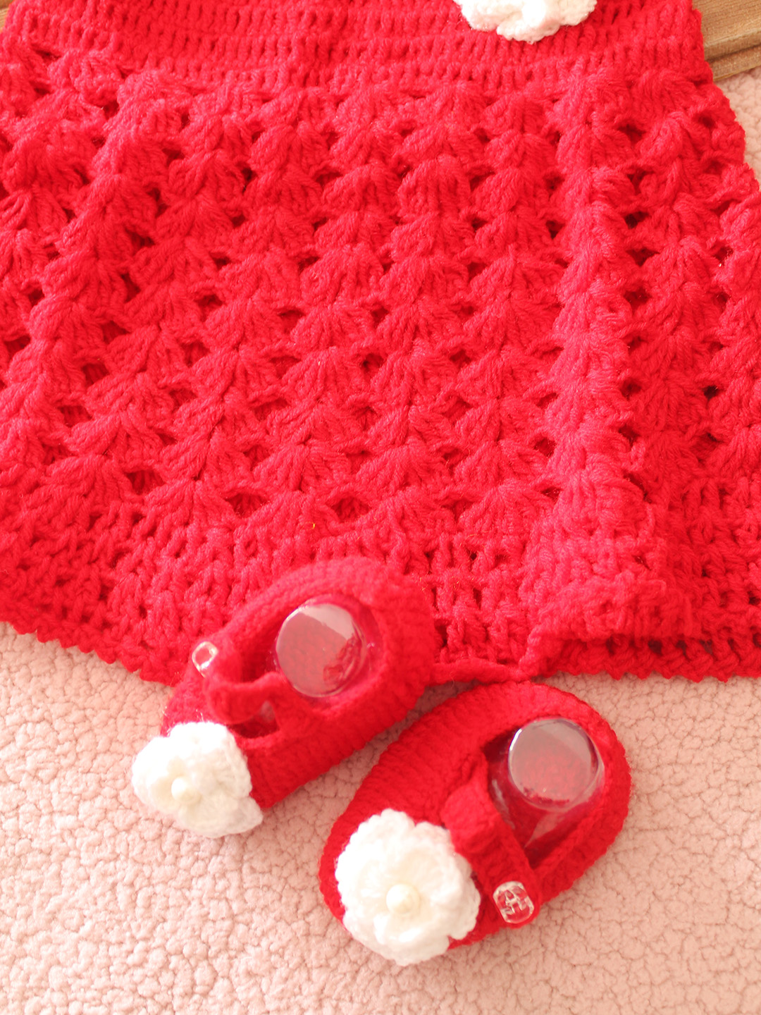 Woonie Crochet Frock with Headband & Booties - Red