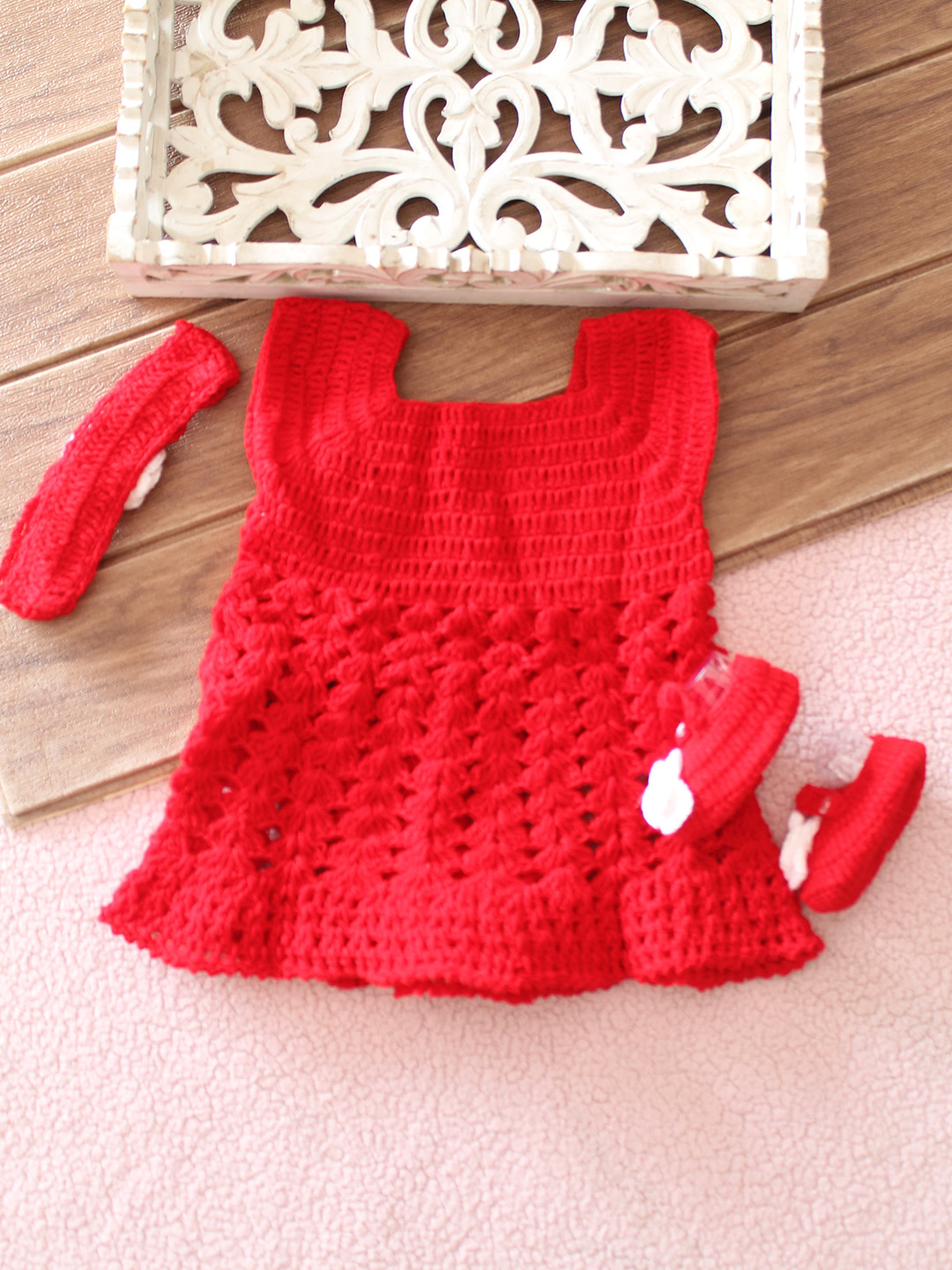 Woonie Crochet Frock with Headband & Booties - Red