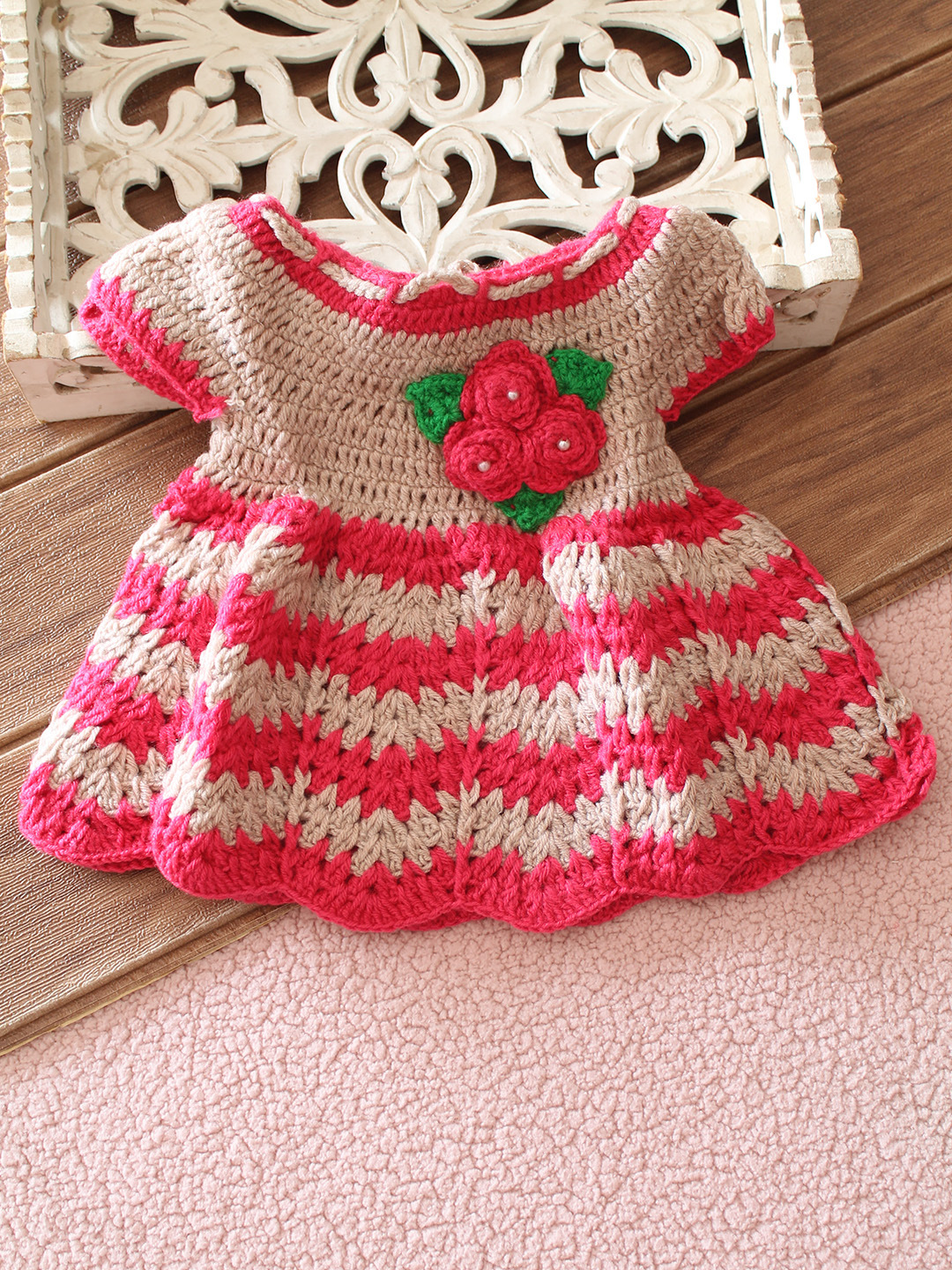 Handmade Crochet Woolen Baby Girl Frock Soft Winter Dress for Infants