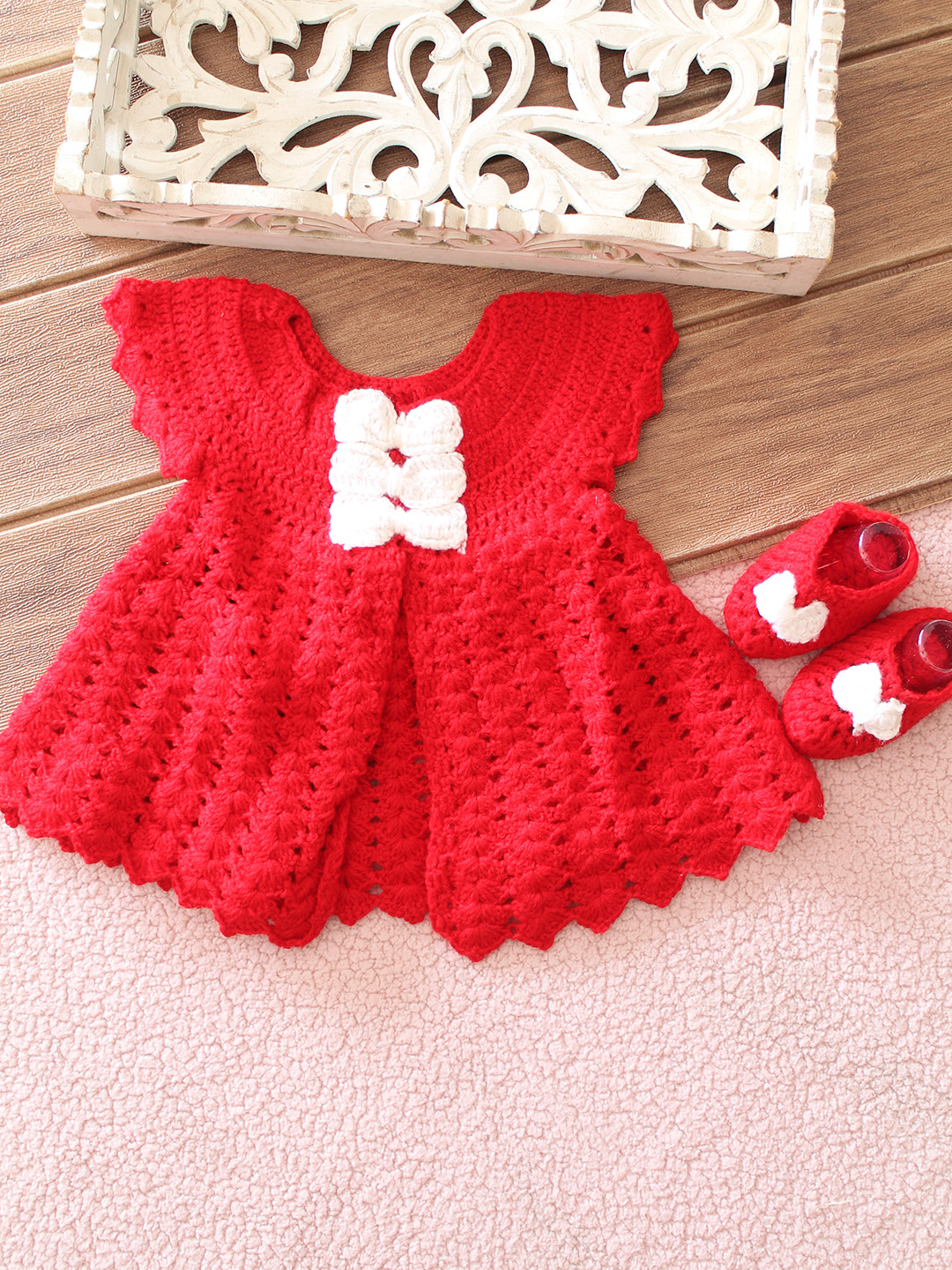 Woonie Crochet Bow Detailed Frock with Booties - Red