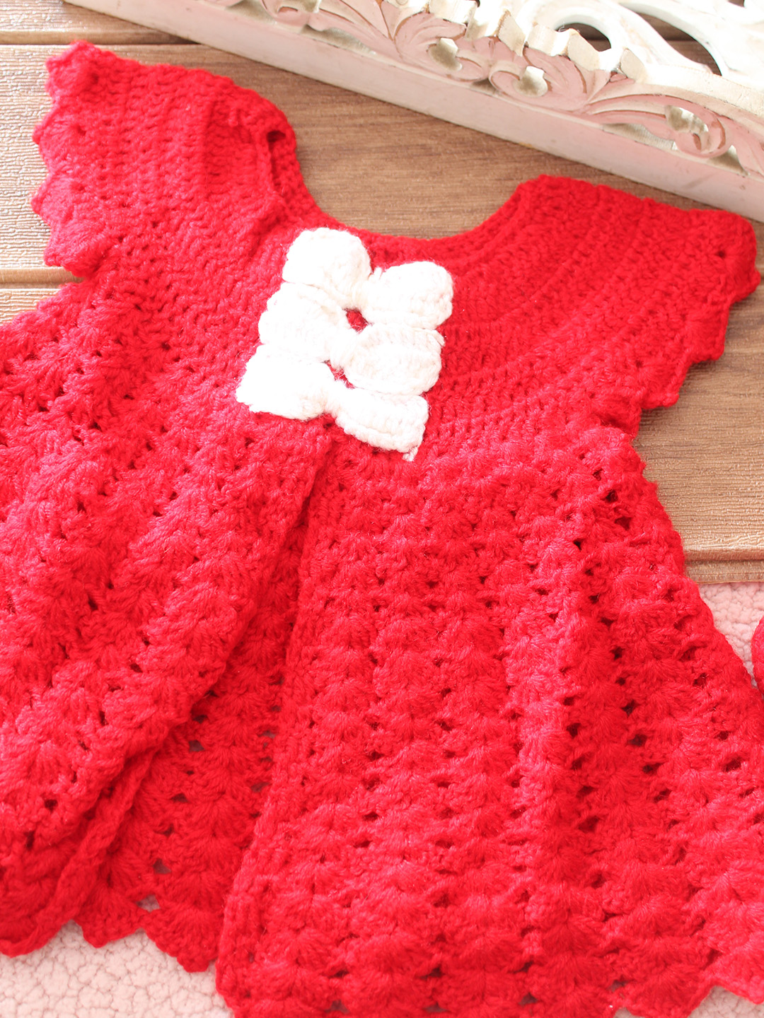 Woonie Crochet Bow Detailed Frock with Booties - Red