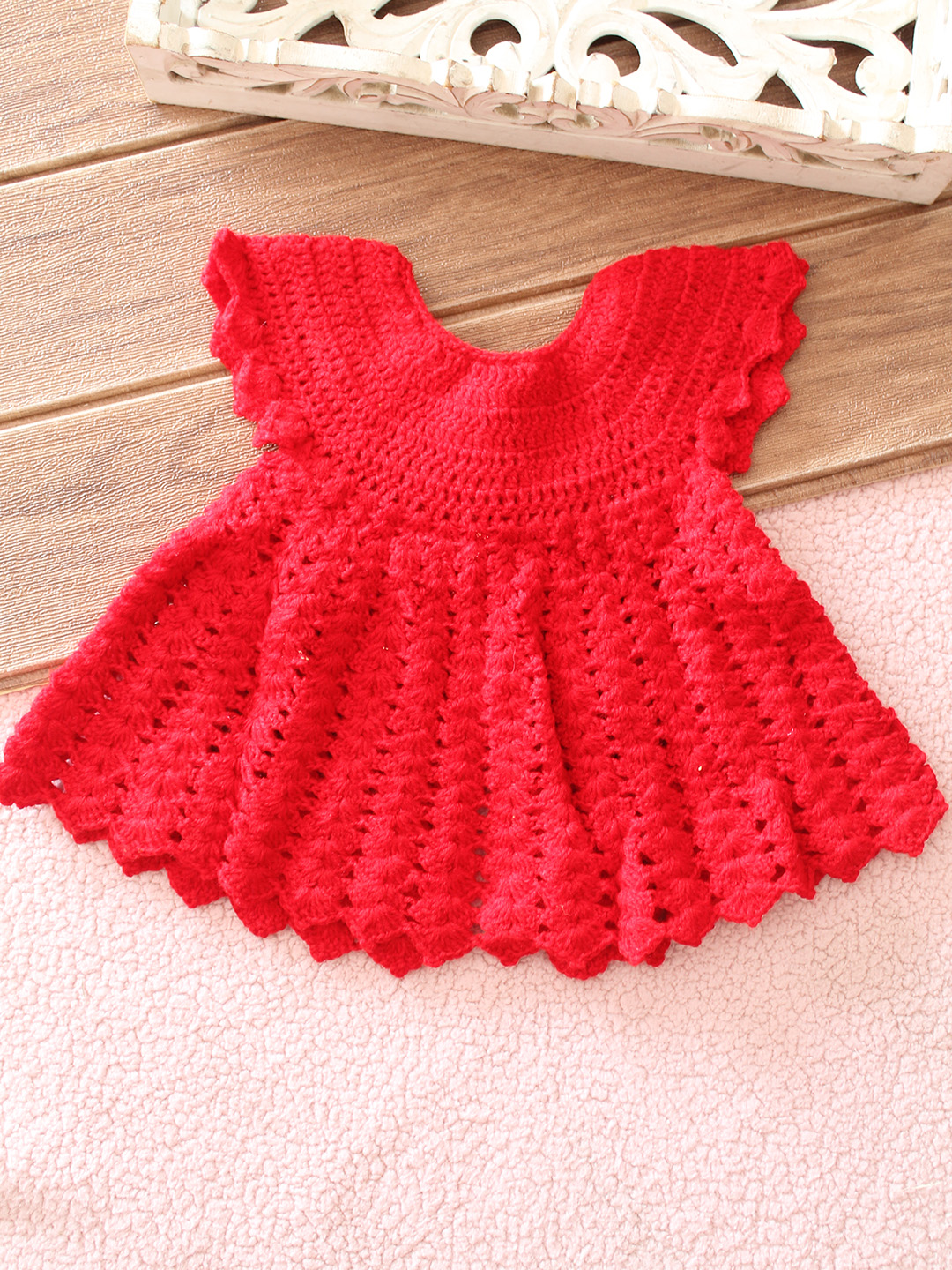 Woonie Crochet Bow Detailed Frock with Booties - Red
