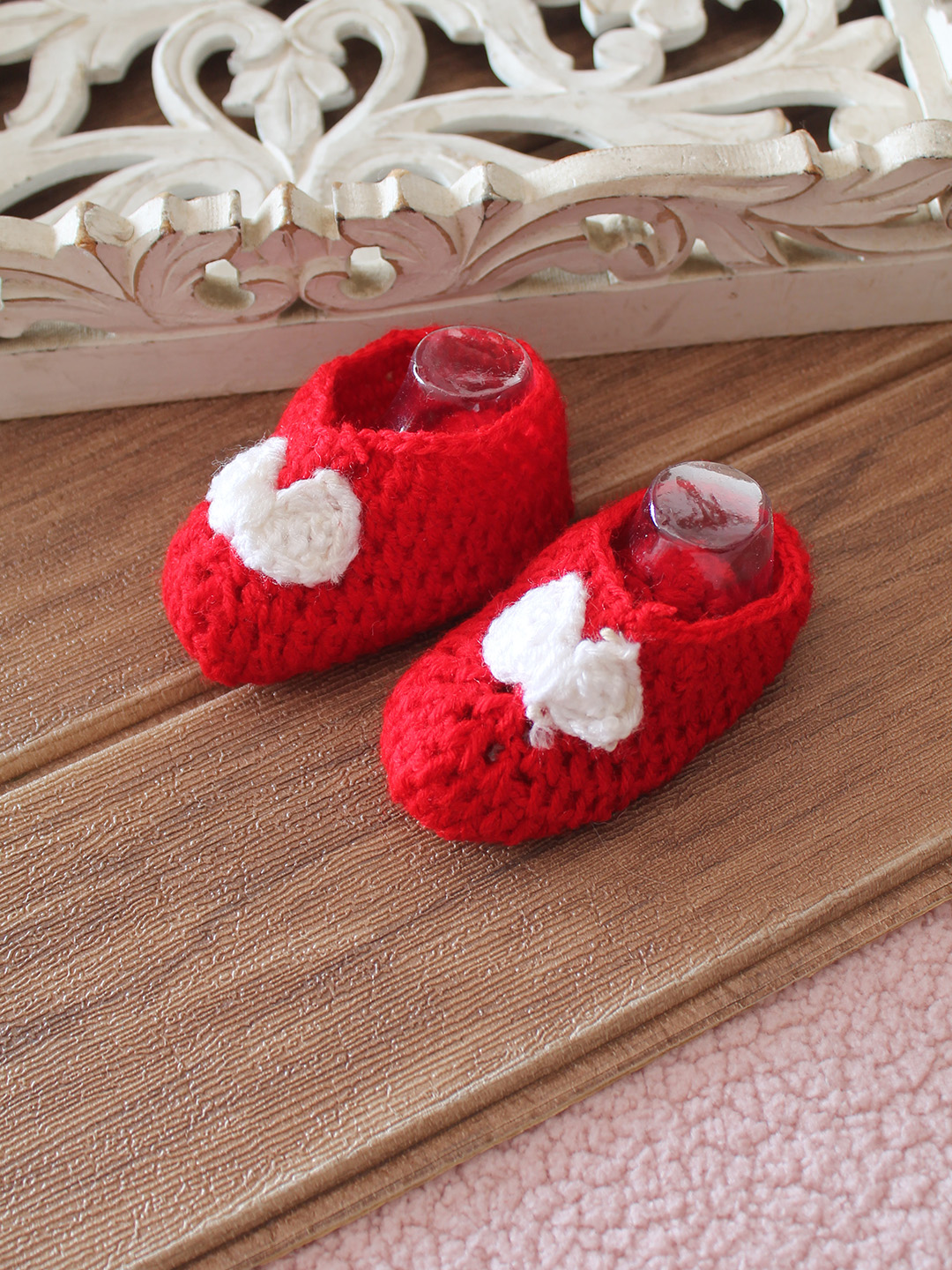 Woonie Crochet Bow Detailed Frock with Booties - Red