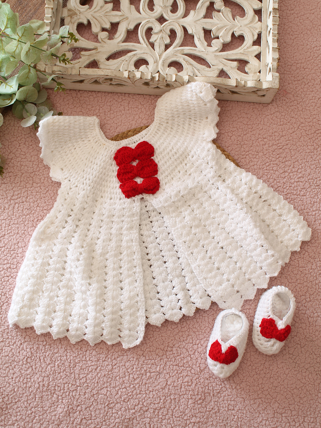 Woonie Crochet Bow Detailed Frock with Booties - White