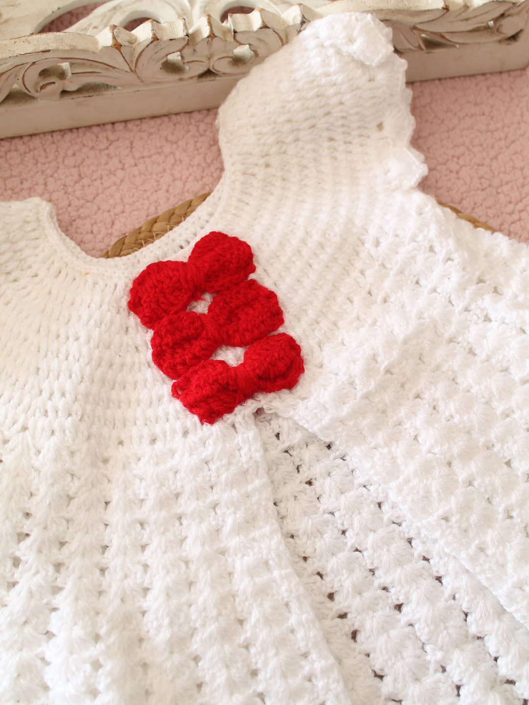 Woonie Crochet Bow Detailed Frock with Booties - White