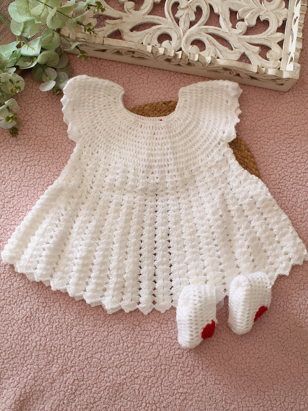 Woonie Crochet Bow Detailed Frock with Booties - White
