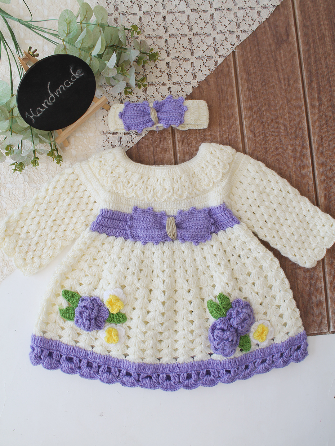 Woonie Crochet Full Sleeves Floral Applique Frock with Matching Headband - Cream