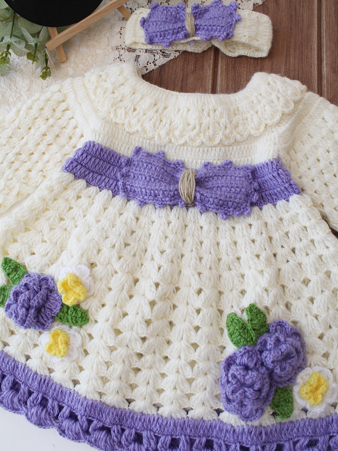 Woonie Crochet Full Sleeves Floral Applique Frock with Matching Headband - Cream