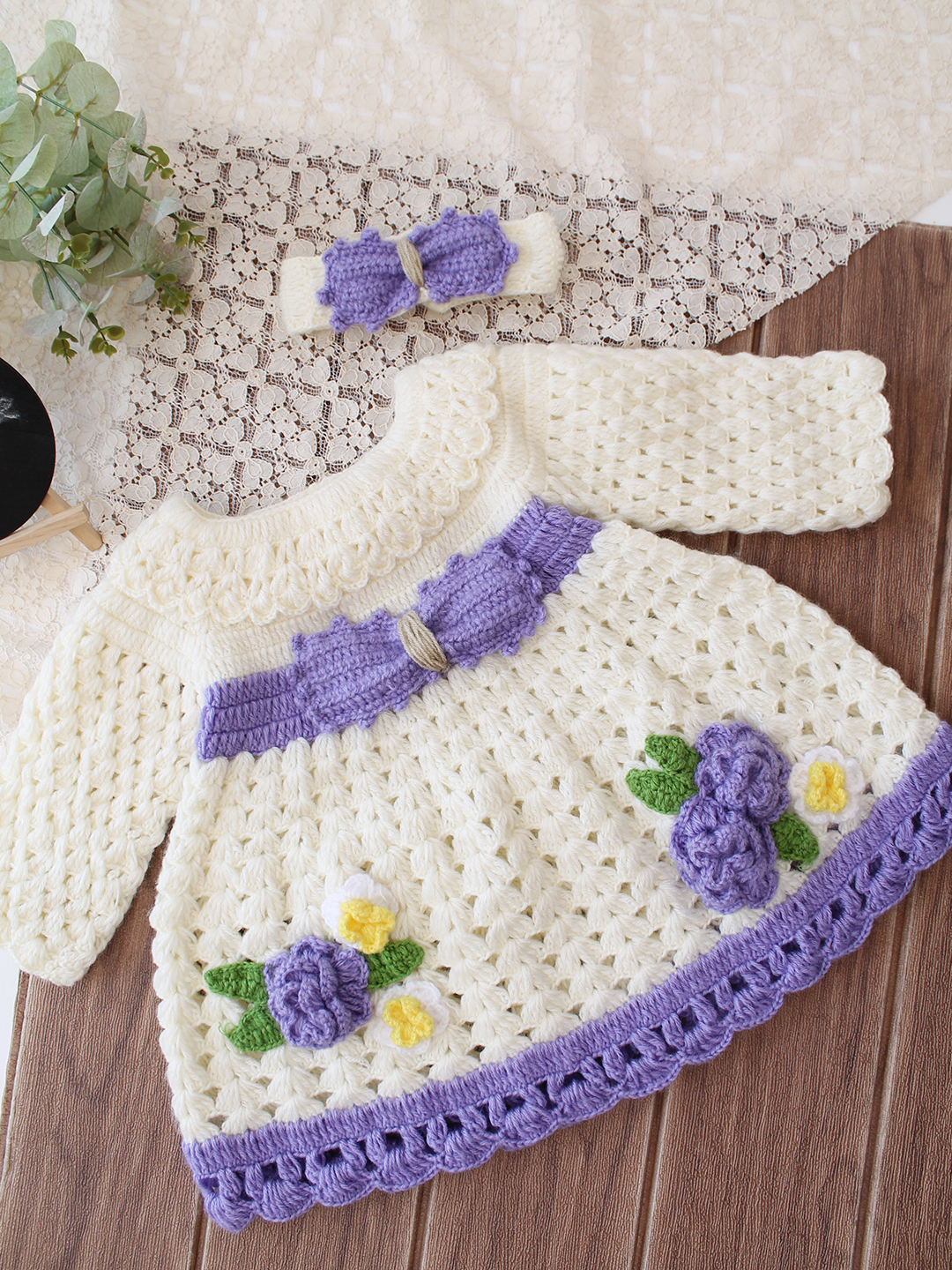 Woonie Crochet Full Sleeves Floral Applique Frock with Matching Headband - Cream