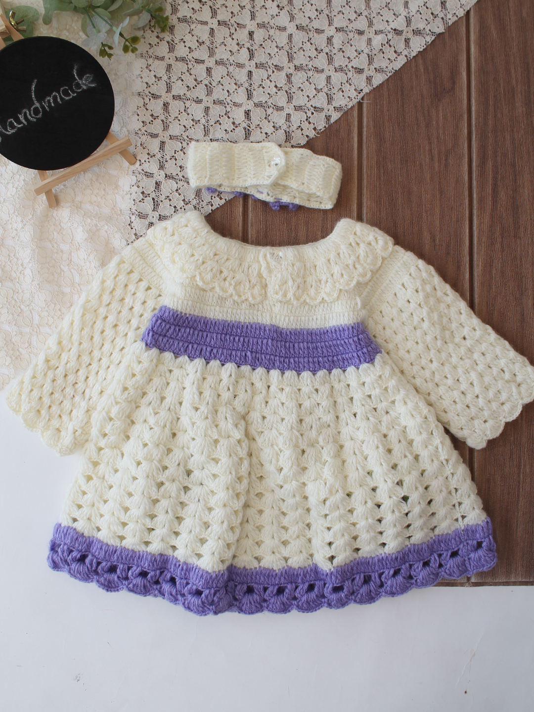 Woonie Crochet Full Sleeves Floral Applique Frock with Matching Headband - Cream