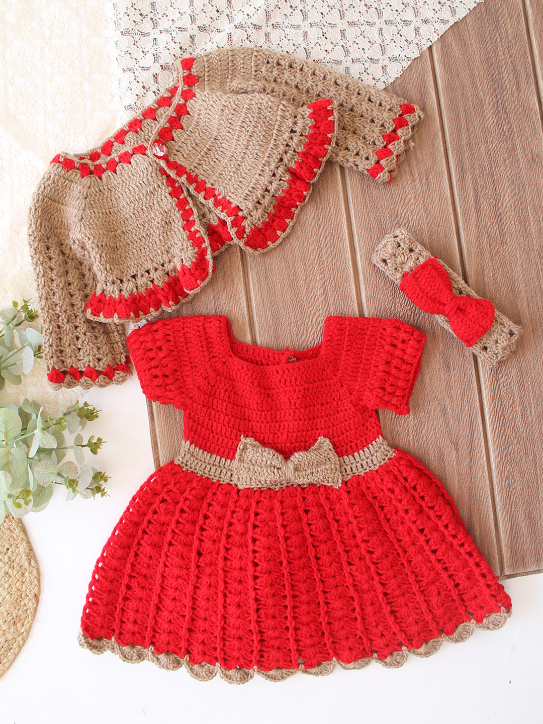Woonie Crochet Bow Detailed Frock with Matching Shrug and Headband - Red