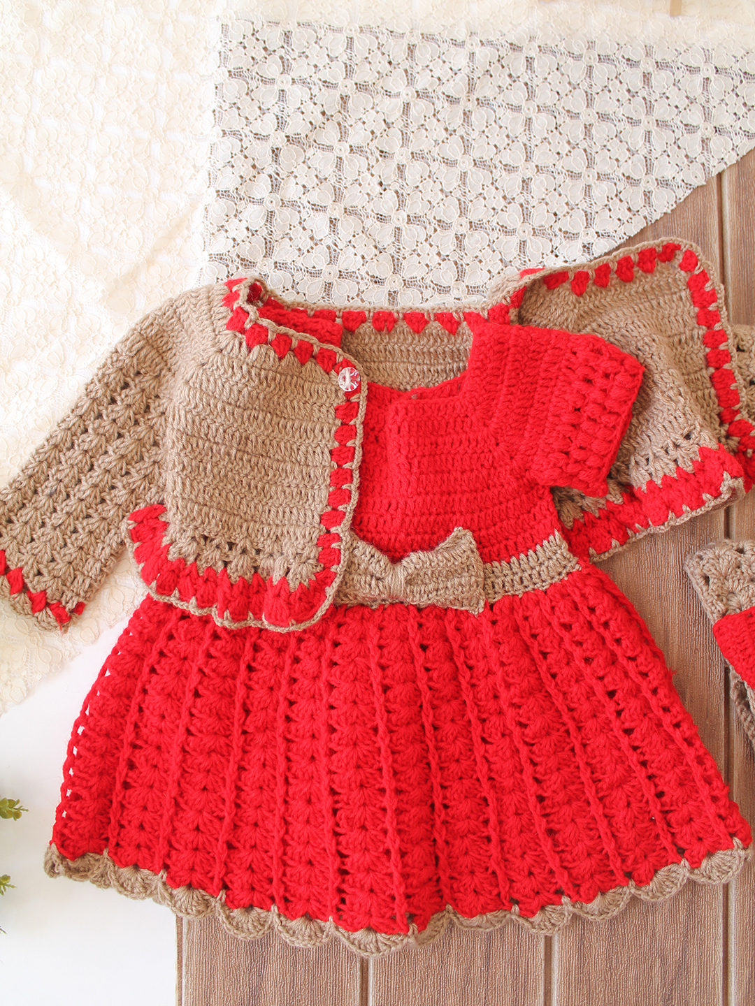 Woonie Crochet Bow Detailed Frock with Matching Shrug and Headband - Red