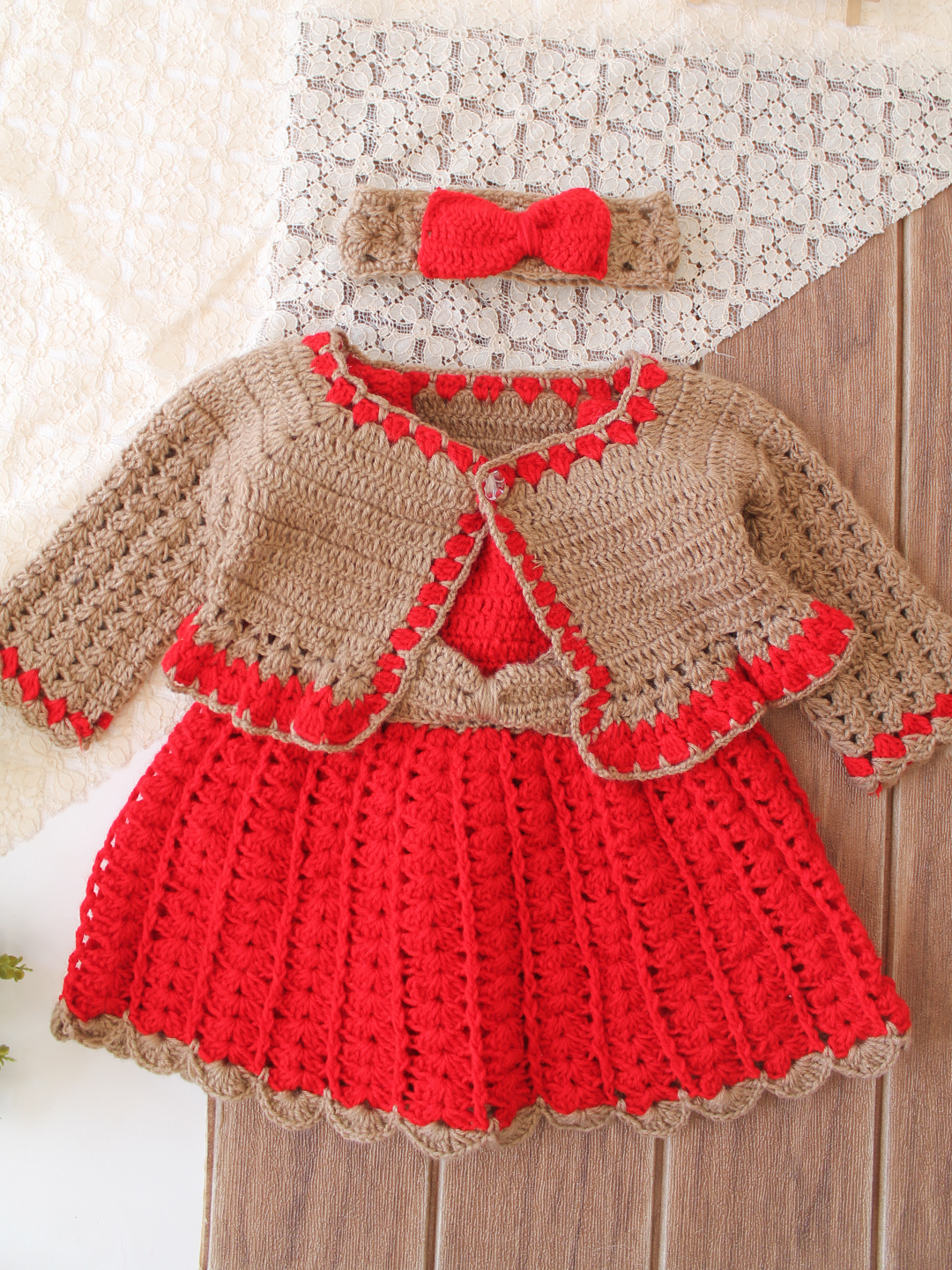 Woonie Crochet Bow Detailed Frock with Matching Shrug and Headband - Red