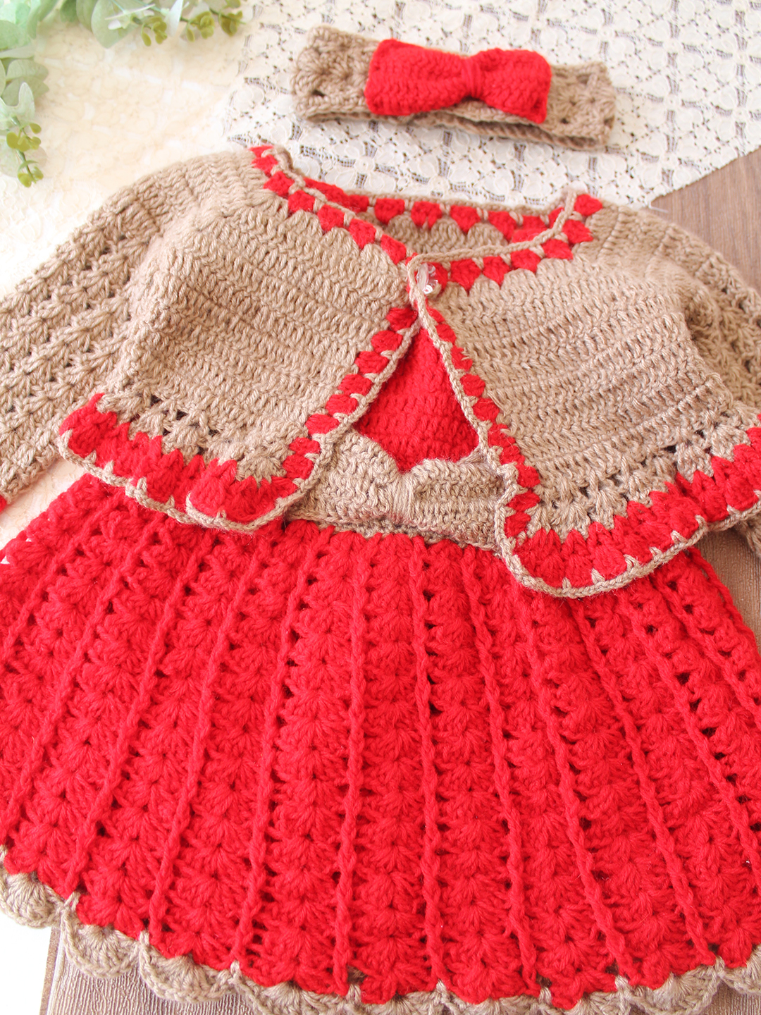 Woonie Crochet Bow Detailed Frock with Matching Shrug and Headband - Red