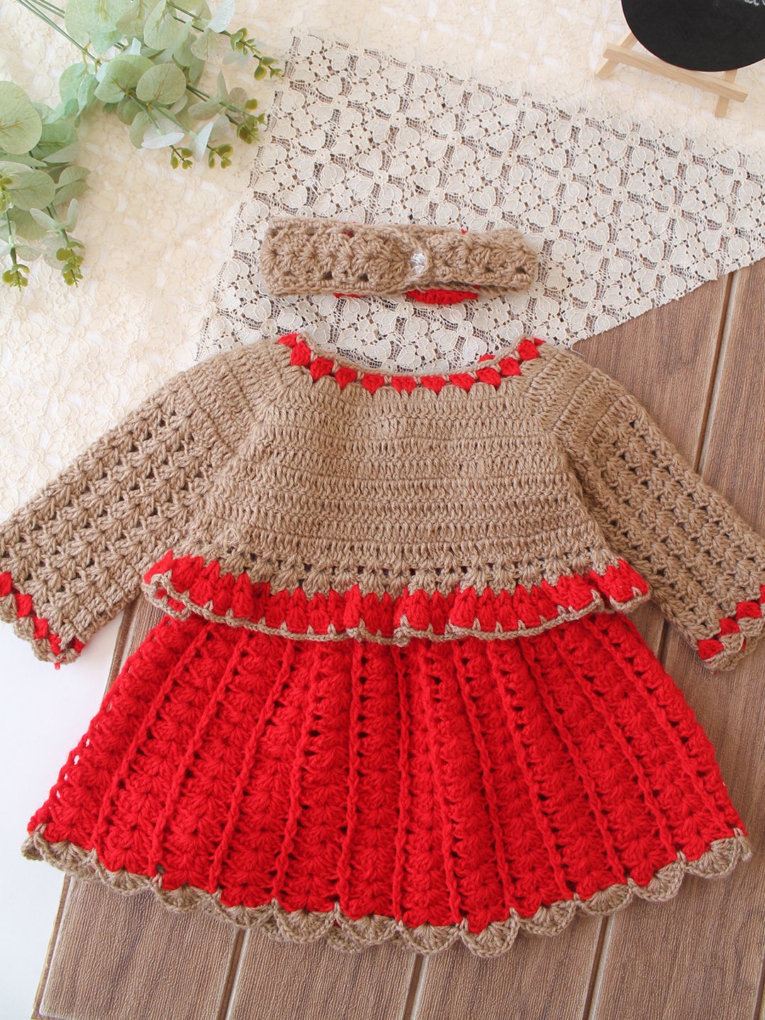 Woonie Crochet Bow Detailed Frock with Matching Shrug and Headband - Red