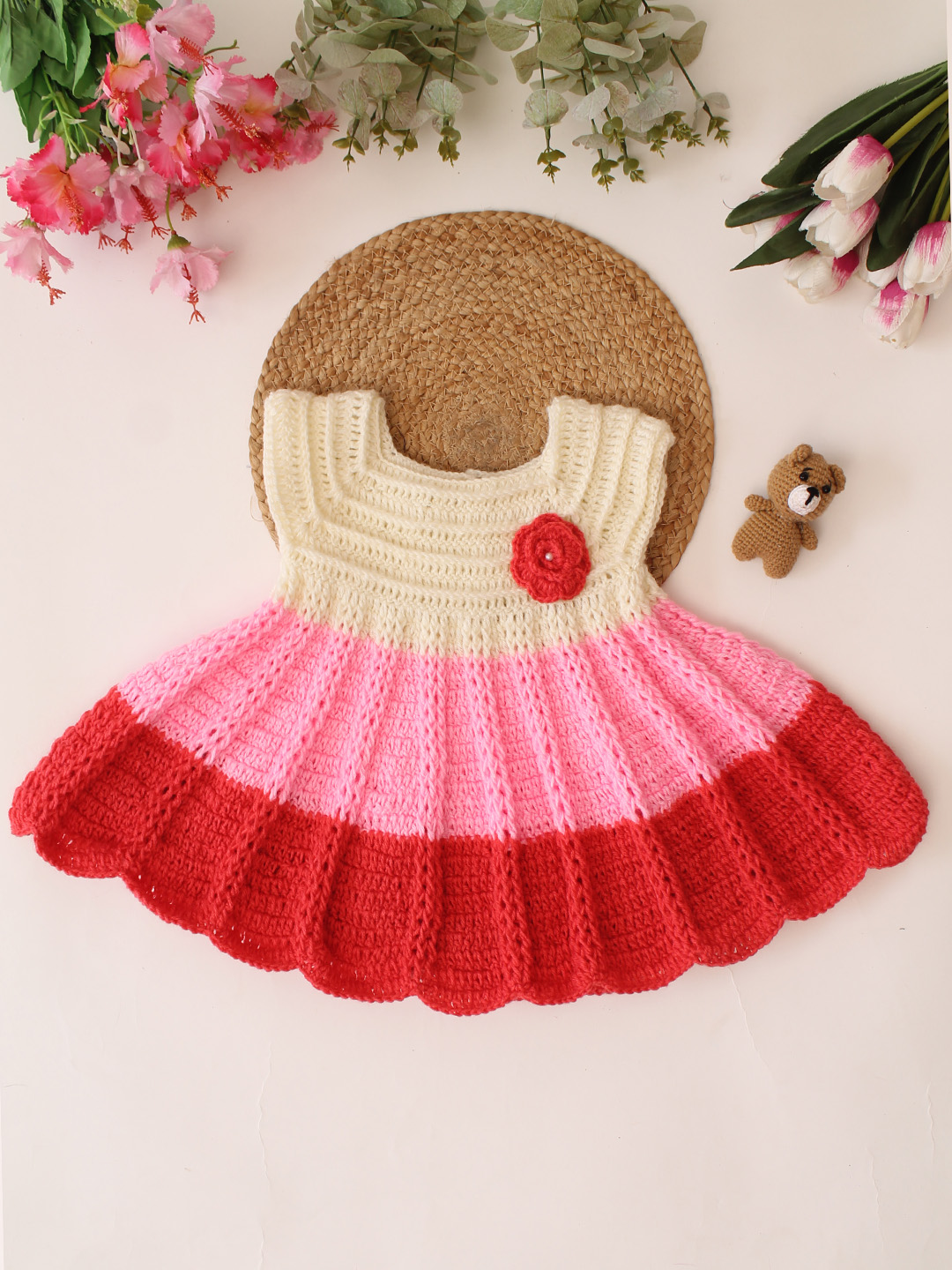 Woonie Crochet Floral Applique Frock - Multicolor