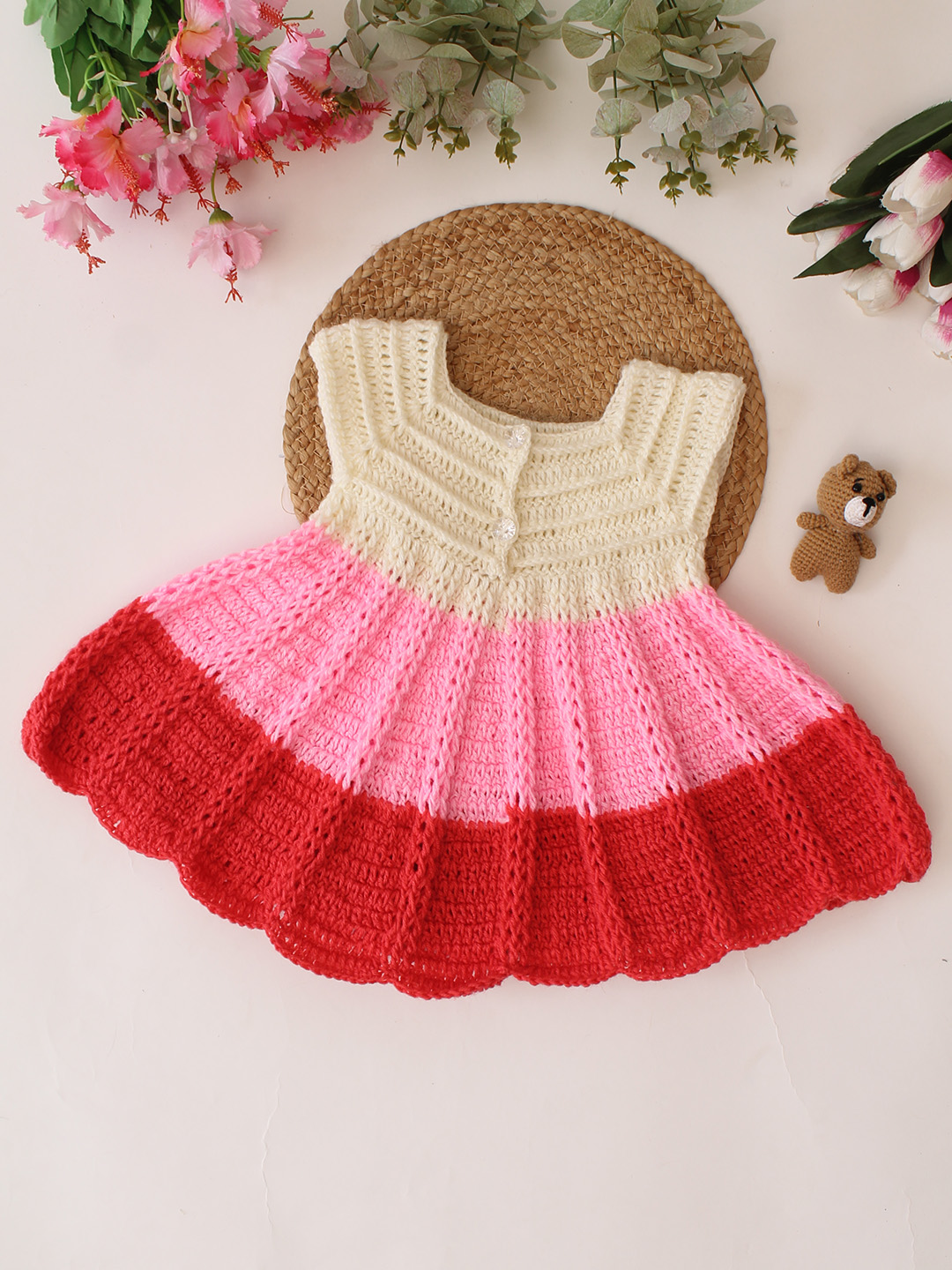 Woonie Crochet Floral Applique Frock - Multicolor