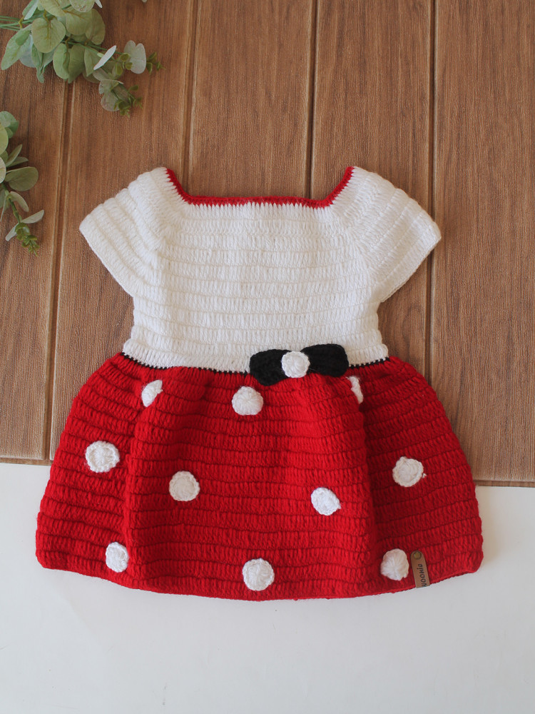 Image of Woonie Crochet Polka Dots &amp; Bow Detailed Frock - Maroon