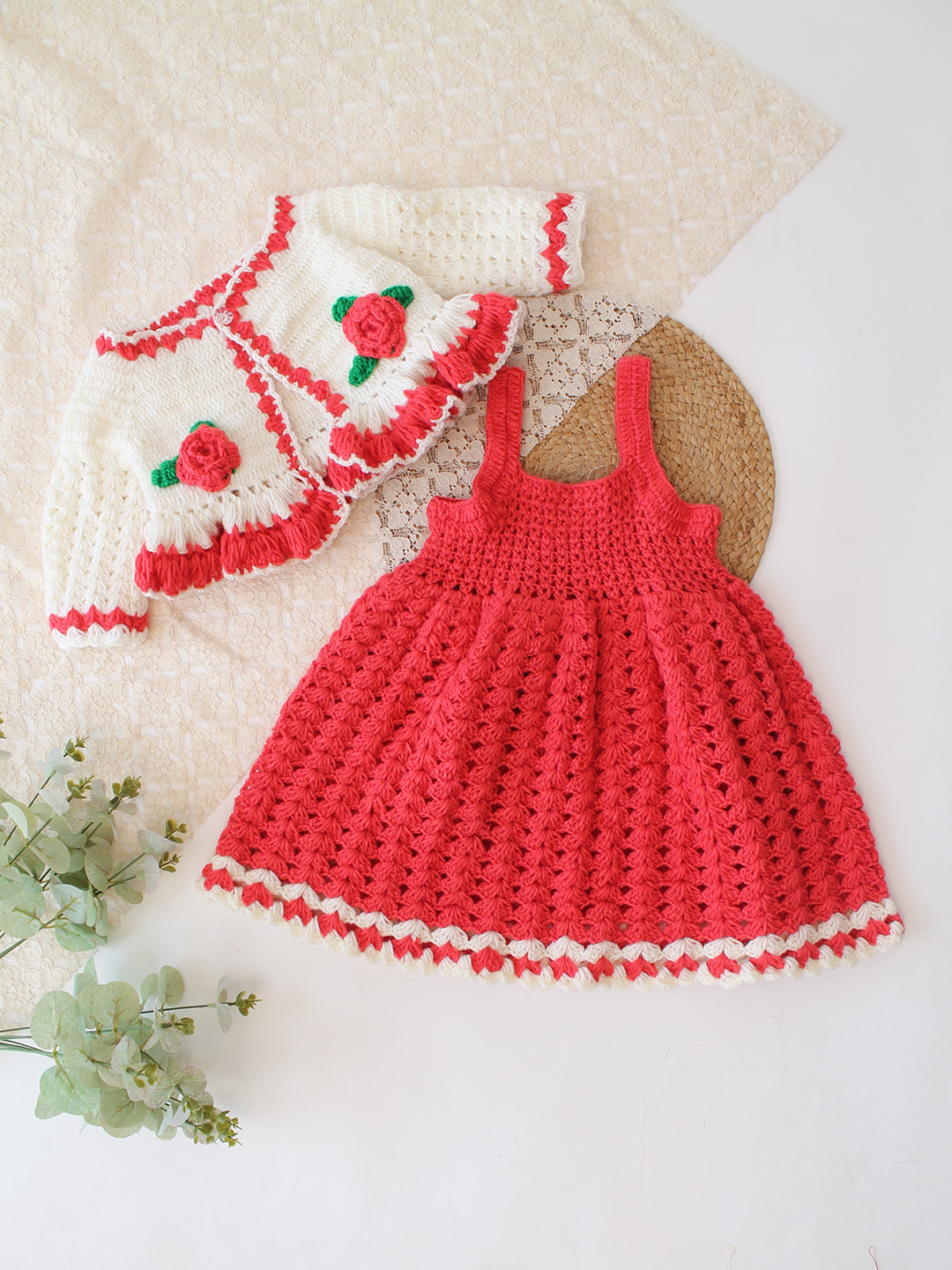 Woonie Crochet Floral Applique Frock with Matching Shrug - Coral Red
