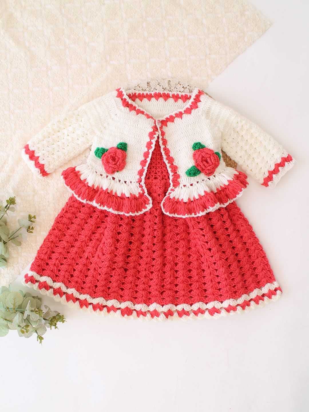 Woonie Crochet Floral Applique Frock with Matching Shrug - Coral Red