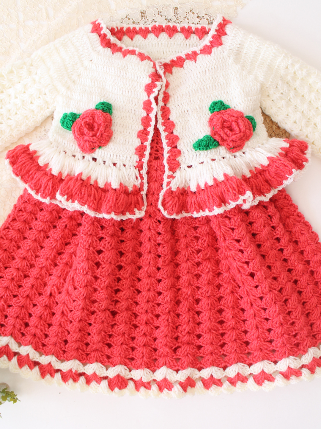 Woonie Crochet Floral Applique Frock with Matching Shrug - Coral Red